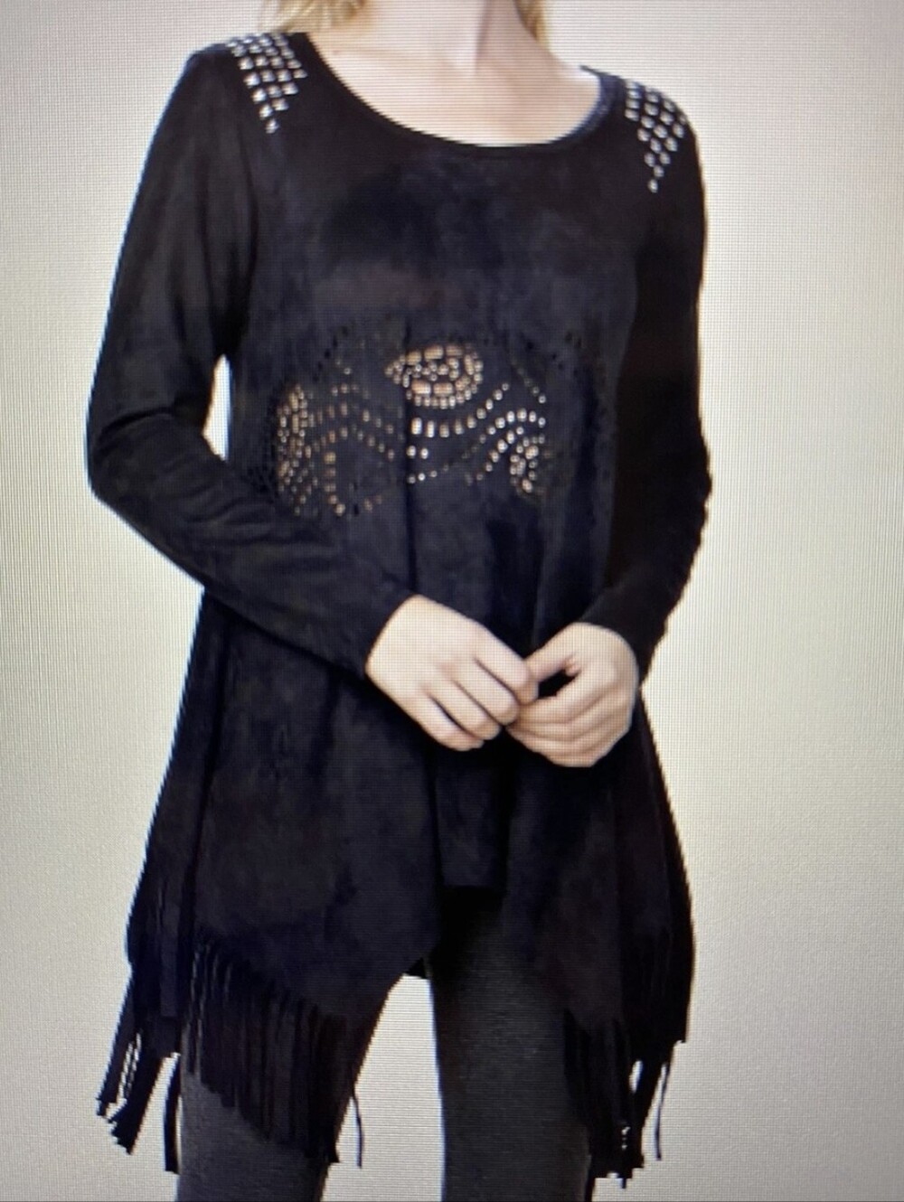 Vocal Black Faux Suede Tunic Top XL Studded Laser Cut Out Fringe Asymmetrical
